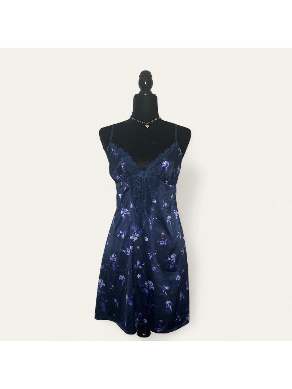 Vintage Y2K Triumph Navy Blue Floral Slip Dress Blue Lingerie Dress